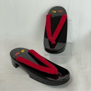 Black Lacquer Hand Painted Orange Yellow Fish‎ Vintage Japanese Geta Sandals